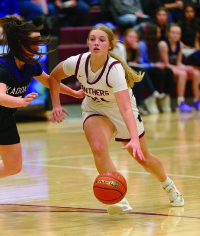 Timber Lake’s Madalyn Hermes dribbles past a Kadoka Area defender to penetrate the lane, but most of her work was on the perimeter, where she drained three 3-pointers in a 49-34 loss to the Kougars. Topic Photo/Marie DuPreez