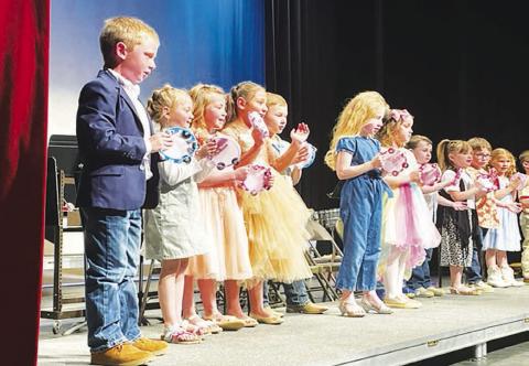 The Timber Lake Elementary School’s spring concert last Thursday (April 13) included the Kindergarten class performing “Tambourine Kid.” Besides the Kindergarteners tambourines, the audience was treated to recorder and ukulele music as well. Photo by Kathy Nelson