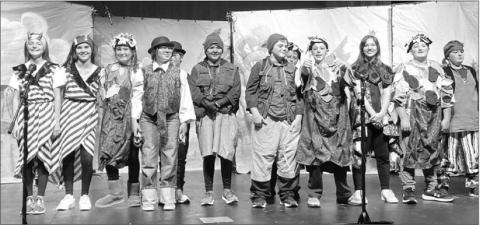 AT RIGHT: The Forest Creatures. L-R: Jiel Mowrer, Kylie Lawrence, Jalee Booth, Selena Longbrake, Ben Peterson, Katie Ridl, Thomas O’Bryan, Trent Russell, Michael Bollinger, Pazlin Ducheneaux, Baylor Bickel, and Cody Russell.