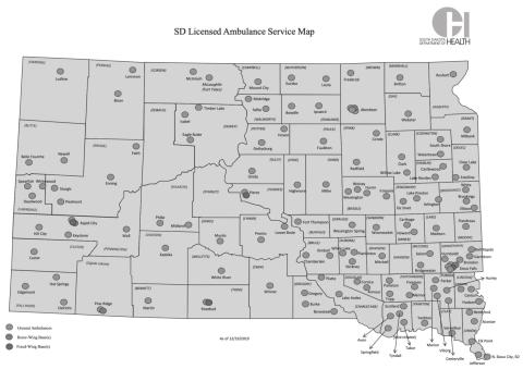 This map from the South Dakota Department of Health shows the location of ambulance services across the state and reveals how some rural areas — especially in West River regions — have limited access to emergency transportation services.