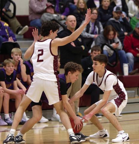 Pete Maher (2) and Braden Lawrence pressured a Herreid-Selby ball handler and forced a turnover during Timber Lake’s win over Herreid-Selby last week.. The Panthers will have the No. 1 seed heading into the LMC Tournament on Friday. Topic Photo/Marie DuPreez