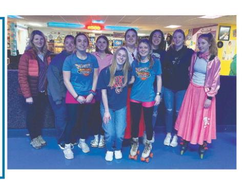 Representing Timber Lake High School at the State Education Rising Conference in Aberdeen were (FRONT, L-R): McKenzi Vomacka, Averie Marshall, Kenlea Heck; BACK: Luann Lindskov and Leah Peterson (co-advisors), Meredith Maciejewski, Kate Biegler, Jasmine Nash, Kendyl Locken, Sara Keller. This group won the dress-up contest at the skate party the night before the conference.