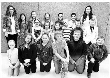 FRONT: Kendyl Gill, Naomi Goldade, Tegan Baker, Max Goldade, Brayden Meier, Caleb Simon; MIDDLE: Stella Nilson, Kiernan Smith, Nienka Fourie, Eli Zeug, Crawford Maher, Isaac Schweitzer; BACK: Instructor Colette Schaffer, Ada O’Leary, Elyse Parker, Sophia Gross, Emmett O’Leary, Luke Biegler, Instructor Callie Schaffer Olsen