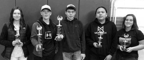 Dupree High School students who won awards at the NWAS Academic Olympics are (L-R): Kashlin Bettelyoun-5th in English II, Braydon Terveen-1st in Algebra I, Haydon Starr-2nd in World History, Wambli Quintana-5th in Physical Science, and Emily Olsen-5th in Biology.