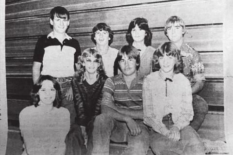 Chosen as candidates for Homecoming King and Marilyn Maher; BACK: Jim Mulloy, Brian Nash, Queen are these Timber Lake seniors. FRONT (L-Gayla Schweitzer, and Tom Hager. (Timber Lake R): Karen Hahne, Cara Schirber, David Lawrence, Topic, October, 1981)