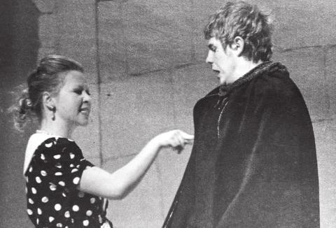 “Mmmbeth” The Timber Lake High School Drama Department does a comedic twist on Shakespeare’s Macbeth for the public on Monday evening. The cast performed at the One Act Play contest in Mobridge on Wednesday. Evy Johnson as Lady Mmmbeth has her eye on the throne of Scotland and implores Mmmbeth–Sean Meginness–to do what must be done Isabel Dakotan, January 21, 1982
