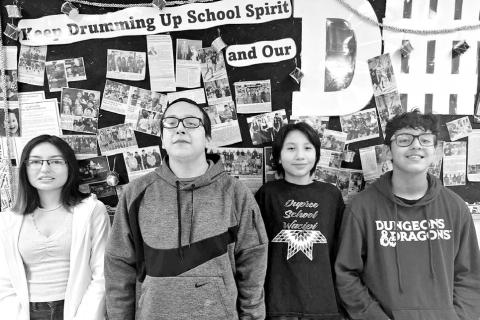 Dupree students chosen from the 7th-12th grade for recognition as the January DHS JH/HS Students of the Month are (l-r): Jamie Blackmoon-10th grade, Leland Brown Wolf Jr.-12th grade, Brandon Oakie-7th grade, and Curtis Thompson-7th grade. Students are nominated by the JH/HS staff and then chosen based on behavior, role model status, attendance, effort, and much more. Mr. Russell Budmayr presented the students with $20 gift cards to Lakota Thrifty Mart and called their parents/guardians with the great news.