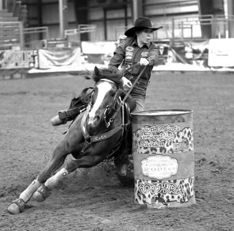 CeCe Cowan of Eagle Butte, shown here competing in barrel racing, won the South Dakota State Jr. High School pole bending title over the weekend in Rapid City and will represent Team South Dakota at the National Jr. High Finals Rodeo later this year. Submitted Photo
