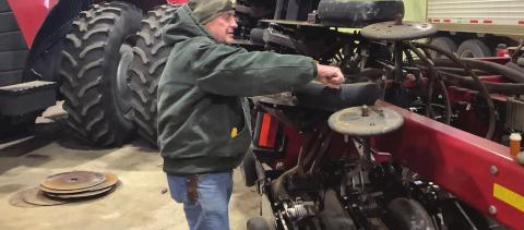 Gene Reinbold has been replacing worn disks on the air seeder. He usually spends the winter months getting equipment ready for the next year.