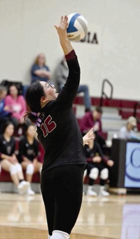 Timber Lake’s Ikeeah Buckley serves an ace during recent Panther volleyball action. Timber Lake edged Dupree 3-2 in the Region 8B play-in game on Monday. Photo by Marie Du Preez