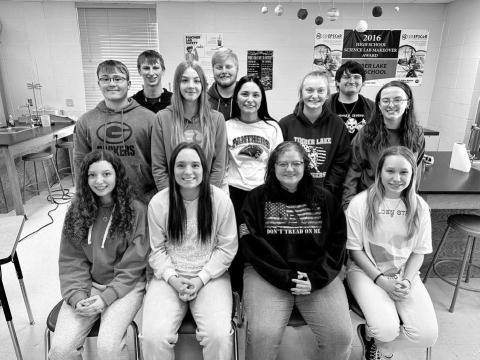 Thirteen Timber Lake High School students won awards at the annual High Plains Regional Science Fair last week. Projects were presented by Zoom. FRONT (l-r) Arianna Bieber, Kiya Mowrer, Molly Miller, Peyton Keller; MIDDLE: Gabe Keller, Gailup Bollinger, Joie LeBeau, Jordan Jones, Maria Scherer; BACK: Holden Gill, Shawn Quinn, Jesse Ridl. NOT PICTURED: Gavin White. Photo by Kathy Nelson