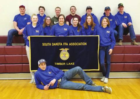 Timber Lake High School FFA members (2020-2021. FRONT: AJ Lindskov, Tell Murray, Jesse Winterberg, Brandt Ducheneaux, Konor Trenton Hansen; FIRST ROW (L-R): Stormi Hulm, Cassie Harris, Tessa Lindskov, Ethan Goldade, Tristen Goldade. NOT PICTURED: Sawyer Goldade, Abby Linderman, Cindy Hoyt, Natalie Biegler; BACK ROW: Holzer, Dan Peterson, and Tobi Hintz Photo by Jacque Peterson