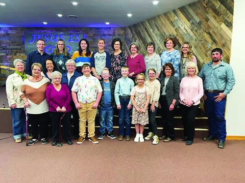 Performers from the three community churches included FRONT (L-R): Nyla Opp, Pat Kjellsen, Baylor Bickel, Garrett Nilson, Gracen Gill, Sophia Gross, Maya Biegler, Cheryl Lawrence, Barb Gross, Tanner Leibel; MIDDLE: Melissa Maher, Linda Reinbold, Ann Crance; BACK: Bryce Schaffer, Colette Schaffer, Callie Olson, Rachael Goldade, Deb Voller, Sheila Schweitzer, Marlene Biegler, Cindy Biegler, Mandy Hulm.