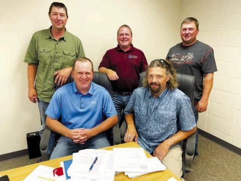 Members of the Timber Lake School Board are (FRONT) L-R: Vicechairman Bryce Lindskov and Chairman Jake Kraft; BACK: Tyrone Kraft, Brandon Heck and Joe Locken. Jake Kraft was unopposed for re-election, and Heck recently replaced Rae O’Leary, who chose not to run for another term. Photo by Kathy Nelson