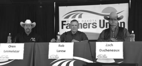 Zach Ducheneaux, U.S. Department of Agriculture Farm Service Agency Administrator (RIGHT), discussed food security with farmers, ranchers and other fairgoers during Farmers Union Day at the South Dakota State Fair on Sept. 4. Other panelists were Rob Larew, National Farmers Union president, and Oren Lesmeister, a Parade rancher, small business owner and District 28-A State Representative.