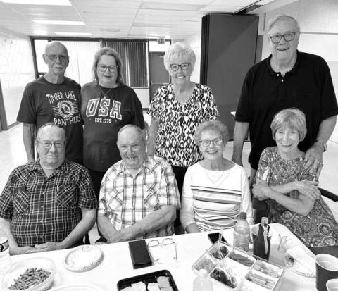 A small but enthusiastic group from the Timber Lake High School Class of 1961 had a reunion on July 25. Attending were (front, l-r) Dan Holzer, Bob Silbernagel (his wife, JoAnn, behind him), Bonnie McMacken Yuker, LarryTompkins and his wife Ann (in front); Back: Ken “Buddy”Paul and wife Lavonne. Photo by Kathy Nelson