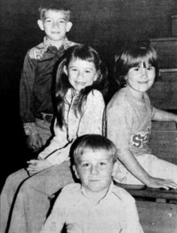 These second graders will be crown and flower bearers at the Homecoming coronation Thursday night. Chosen by the senior class for the honor, they are FRONT: Glenn Marshall, and BACK: Billy Dellis, Jackie Pesicka, and Shelby Lipp. (Timber Lake Topic Oct. 9, 1980)