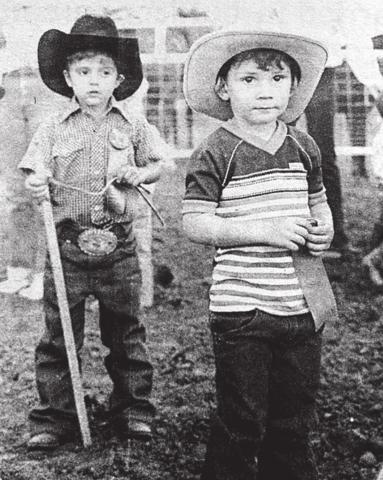 Stick horse barrel racers at the 1982 Days of 1910 Rodeo — Harold Hulm and Cody Maher. (From the Timber Lake Topic, August 5, 1982)
