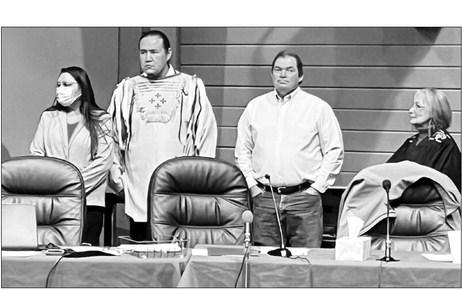 Cheyenne River Sioux Tribe officials sworn in by Chief Judge Brenda Claymore (RIGHT) at the inauguration ceremony are (L-R) EvAnn White Feather (secretary), Ryman LeBeau (chairman) and Kevin Keckler (treasurer). Courtesy photo