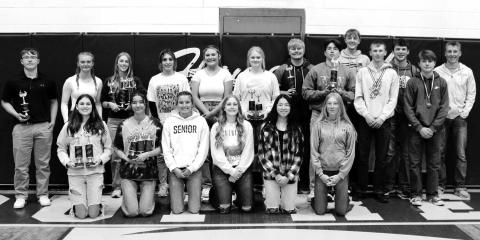 These students represented Timber Lake High School at the NWAS Academic Olympics on April 12. FRONT (LR): Meredith Maciejewski, Natalie Gross, Carlie Lawrence, Emma Johnston, Amanda Red Bear, Talley Locken; BACK: Gabe Keller, Jordan Jones, Averie Marshall, Mckenzi Vomacka, Kenna Webb, Hailey Roggow, Shawn Quinn, Francesco Barbini, Kyler Bollinger, Holden Gill, Carter Keller, Jeff Angsman, and Gracen Hansen. Photo by Patty Peacock