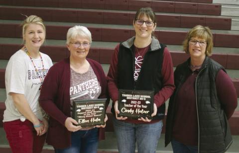 The Timber Lake School recognized its 2022-23 Teacher of the Year and Missy Stover Award winner on Thursday, March 2. Pictured, l-r, are Elementary Principal Danae Paxton, elementary principal; Ellen Hulm, Missy Stover Support Staff Award recipient; Cindy Holzer, Teacher of the Year; and Julie Marshall, middle school/high school principal. Photo by Jon Flatland