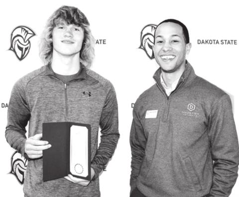 Chase Marshall (LEFT) has been awarded the Presidential Champion Scholarship from Dakota State University. DeVonté Garcia (RIGHT), Assistant Director of Development, presented the award at Champion Scholar Registration Day at DSU.