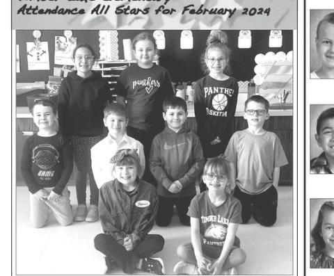 Josie White’s First Grade class with 93.83% attendance. FRONT (L-R): Clara Nilson, Harper Biegler; 2ND ROW: Paxton Schweitzer, Baylor Lei, Tash Paxton and Lincoln Aberle; BACK: Sophia Ley, Mine’ Baker, Rose Maher.