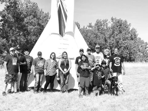 Participants in the Summer Lakota Camp at Green Grass were (L-R) Nation Cowins, Wendell Nezzie, Daven Roberts, Ryanne Nezzie, Macey Ward, Danielle Reynolds, Dylan Ashley, Garland Not Afraid Sr., Wakinyan Chief, Reed Two Bulls, Waylon Gaddie and (front and kneeling) Blaze and Lyndon Gaddie and Labon Red Owl.