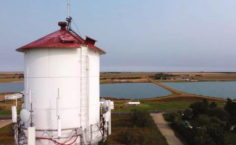 This aerial view of the north end of town shows some of the antennas and other equipment mounted on Timber Lake City’s water tower.