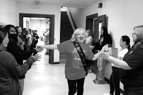 Dupree teacher Kim Shannon is congratulated on her last day of school.