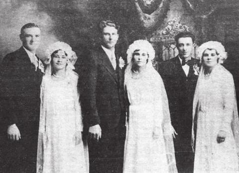 In October, 1981, three couples celebrated their 50th anniversary. They were married in a joint ceremony in October, 1931. L-R are John and Maggie Schweitzer, Valentine and Christine Keller, and Wendelin and Katie Senger on their wedding day. The triple ceremony was performed by Father Monoghan of Isabel, Father Lahe of McIntosh, Father H. J. Klein of Glencross, and Father F. W. Healy of Timber Lake. Timber Lake Topic October 22, 1981