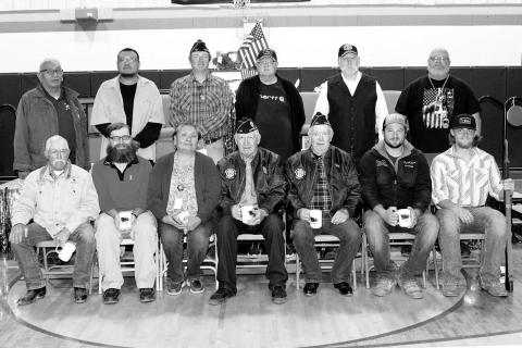 Veterans at the Dupree Veterans Day program included Front (LR): Jim Schmidt, Peter Stahlbrand, Lynnea Swan, John D. Lemke, Clint Farlee, Tate Fischer, Garrett Fischer; Back (L-R): Mike Shaving, Conan Morrison, Leo Bakeberg, Craig Ness, Shannon Hinrichs, and Mark Peacock.
