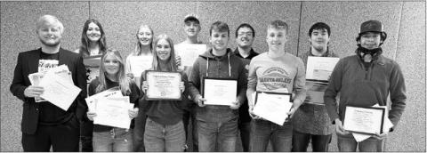 These 11 TLHS seniors received scholarships for higher education, announced at Awards Day on May 8. FRONT (l-r) Shawn Quinn, Kenlea Heck, Averie Marshall, Carter Keller, Gracen Hansen, Tristan Dupris; BACK: Sara Holzer, Kendyl Locken, Kyler Bollinger, Dan Peterson, and Mason Arpan.