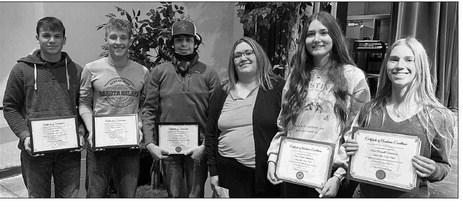 Five Timber Lake seniors were awarded scholarships from the Cheyenne River Sioux Tribe Telephone Authority. L-R are Carter Keller ($1,000), Gracen Hansen ($1,000), Tristan Dupris ($1,000), Iyonne Jewett (presenter), Sara Holzer ($250 Salutatorian scholarship), and Averie Marshall ($250 Valedictorian scholarship).