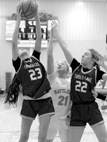 Lady Panthers Autym Red Bear (23) and Addison Lindskov (22) reach for a rebound while boxing out Gettysburg’s Peyton Stevens in action from last week. Timber Lake will face Faith in the first round of the LMC Tournament that gets underway Friday, Jan. 23. in Lemmon. The Lady Panthers beat the Longhorns in overtime earlier this season. Topic Photo/Marie DuPreez