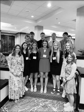 The TLHS Student Council at the state convention. FRONT (L-R) Colette Schaffer (advisor), Natalie Lawrence, Carlie Lawrence, Shay Kraft, Hailey Roggow, Averie Marshall, Kenlea Heck; BACK: Dan Peterson, Wylee Keller, Cole Ducheneaux, Treyton DuPreez, Rance Martin, Holden Gill.