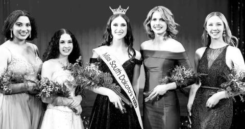Pictured at the Miss South Dakota’s Outstanding Teen Pageant are (L-R) Javonte Madsen (third runner-up), Karina Novotny (fourth runner-up), Miss South Dakota’s Outstanding Teen Olivia Odenbrett, Natalie Biegler (first runner-up), and Sydney Lockhart (second runner-up).