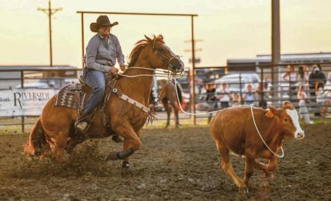 Tessa Goldade of Timber Lake makes a successful run during the ladies breakaway roping event at the Days of 1910 Rodeo last weekend. Photo by Chuck Miner