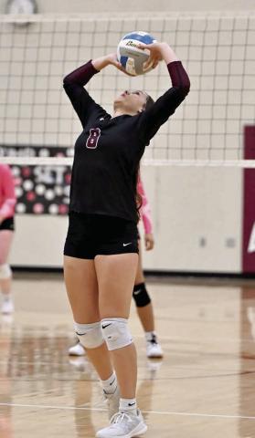 Timber Lake’s Jaylee Schoelerman sets a teammate up for a spike attempt during recent volleyball action. Schoelerman and the Panthers downed Dupree in a play-in game but ran into top-seeded Harding County in the semifinals, where they lost a 3-0 decision. Photo by Marie Du Preez