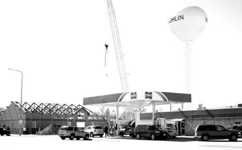 The new $2.2 million Dakota Plains Cooperative convenience store and office building is going up just south of the current c-store/offices in McLaughlin. Once the company has transferred to its new space early this summer, the old store will be demolished. The cooperative was founded in 1945 and the current store/ offices was built in 1950. Photo by Jon Flatland