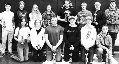 Timber Lake students who placed in the top 5 at the Northwest Area Schools Academic Olympics are (FRONT) L-R: Natalie Gross, Jordan Jones, A.J. Lindskov, Carter Keller, Holden Gill, Tyler Keller; BACK: Gabe Keller, Natalie Biegler, Averie Marshall, Michaela Alley, Sawyer Holzer, Hank Kraft, Shawn Quinn, Michael Rousseau.