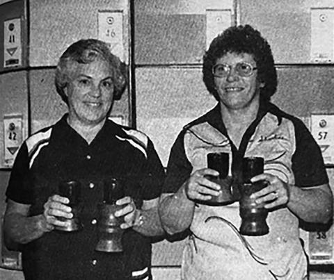 Win 600 Club Tourney Vickie Stanek of Timber Lake (LEFT)and Sharlene Schaffer of Isabel won first place in the 600 Club Bowling Tournament held October 9 at Pierre. They were awarded candlestick trophies and a cash prize of $174.67 for their score of 1276 in the women’s doubles. Sharlene also placed in the women’s singles, ranking with an 810. Timber Lake Topic, November 18, 1982