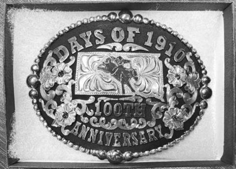 This Days of 1910 buckle from Timber Lake’s 100th anniversary will be auctioned off by the Timber Lake Rodeo Association on Thursday, July 23 during this year’s Days of 190 festivities. The TLRA and Western Dakota Bank are sponsoring the free supper beginning at 5:30 in the tent, and the auction of 4-H cookies and pies and the 100th anniversary buckle will follow, just before the annual talent show begins.