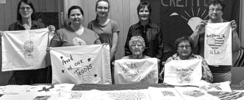 American Legion Auxiliary members from the Isabel Unit 120 embroidered pillow cases to be sent to active duty military people as part of “Operation Pillowcase.” FRONT (L-R): Cary Jo Hornick, Grace Munyon, Joann Fritz; BACK: Cheryl Boldt, Lola Hornick, Mary Harris, and Lois Bartlett.