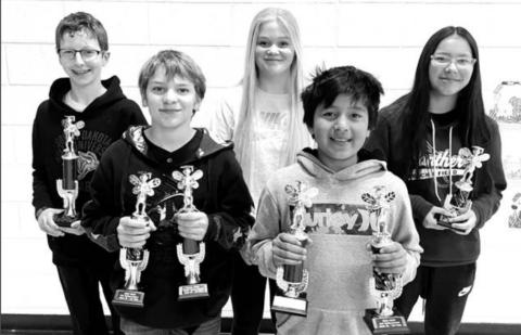 TIMBER LAKE MIDDLE SCHOOL TROPHY WINNERS. L-R: Hudson Gill, Preston Maciejewski, Hailey Roggow, Demetrius Sanchez Gonzales, Amanda Red Bear.