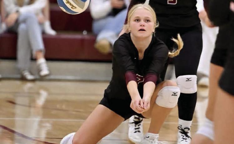 Senior Sara Keller, left, goes up for a spike attempt during Timber Lake’s matchup with McLaughlin last Tuesday, Sept. 23, in Timber Lake. Above, senior Hailey Roggow goes for a bump during the action. The Lady Panthers swept the Mustangs in three games to snap a 10-match losing streak.