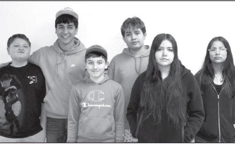 The Dupree JH/HS staff chose the January Students of the Month, pictured here. Front (l-r): Jett Keckler, Kolter Ferguson, and Bayleigh Cudmore; Back (l-r): Gaby LaPlante, Acen LaPlante, and Amanda Blue Coat. Not pictured: Fletcher Birkeland