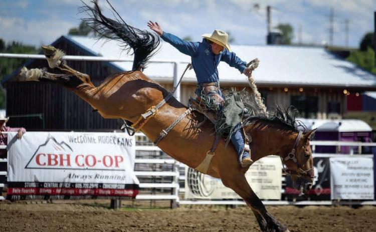 Jake Kammerer of Philip scored a nice ride in the saddle bronc event in Ft. Pierre recently and is expected to be among the area’s top talent to turn out for the Days of 1910 Rodeo in Timber Lake next weekend. Photo by Chuck Miner