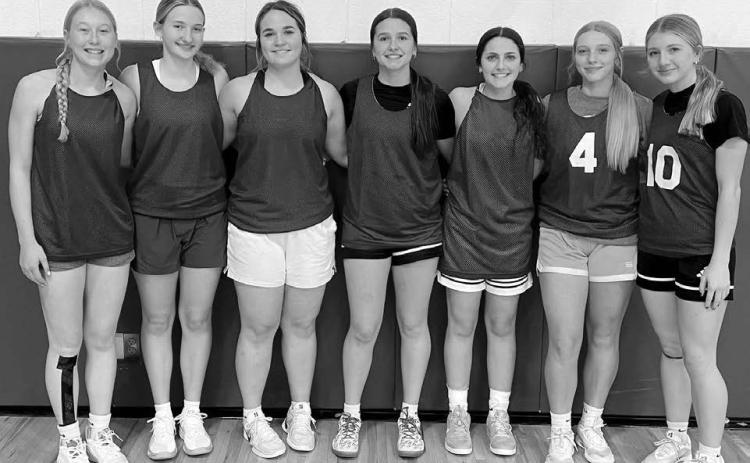 Timber Lake Girls Basketball Head Coach Tuffy Thompson is building his team around seven returning letter winners and an up-and-coming Jr. High program. From left to right are Talley Locken, Paislee Keller, Kate Biegler, Jaylee Schoelerman, Ruby Maher, Madelyn Hermes and Addison Lindskov.