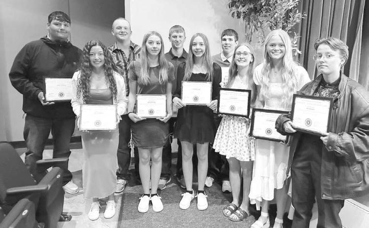 Ten TLHS seniors earned Regents’ Scholar Diplomas. They are (Front l-r) Arianna Bieber, Gailup Bollinger, Geana Bollinger, Emma Johnston, Hailey Roggow, Maria Scherer; Back: Hayden Thompson, Braylen Hansen, Holden Gill, and Cullen Biegler. To receive the diploma students must complete four units of Language Arts, four units of Mathematics, four units of Science, three units of Social Studies, one unit of Fine Arts, and two units of Modern/Classical Language or Career &amp; Technical Education.